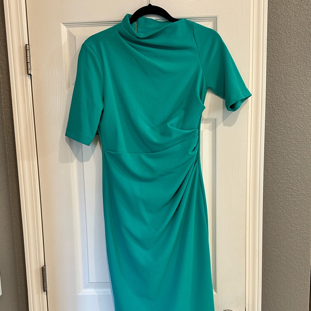 Maggy London Blue Ruched Sheath Dress with Cowl Neck and Short Sleeves